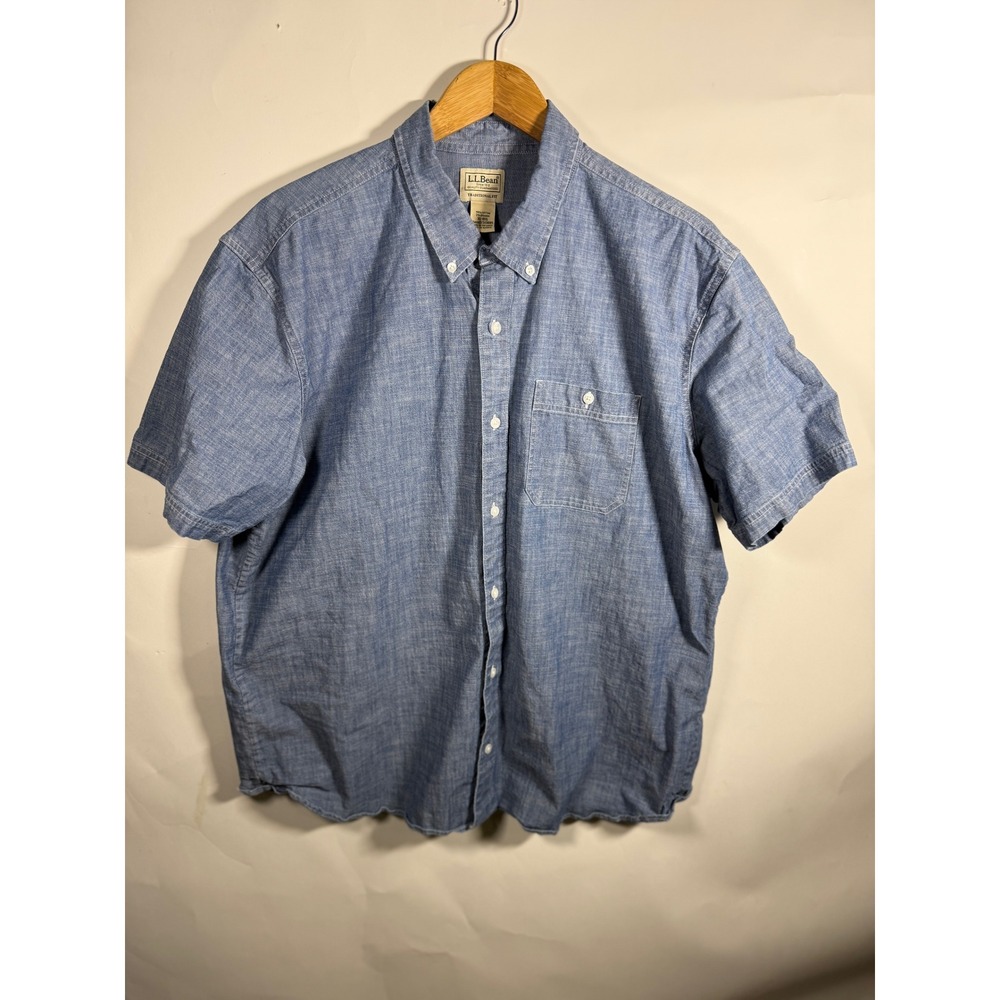 LL Bean Mens Traditional Fit Short Sleeve Button Down Shirt Blue XL 513885